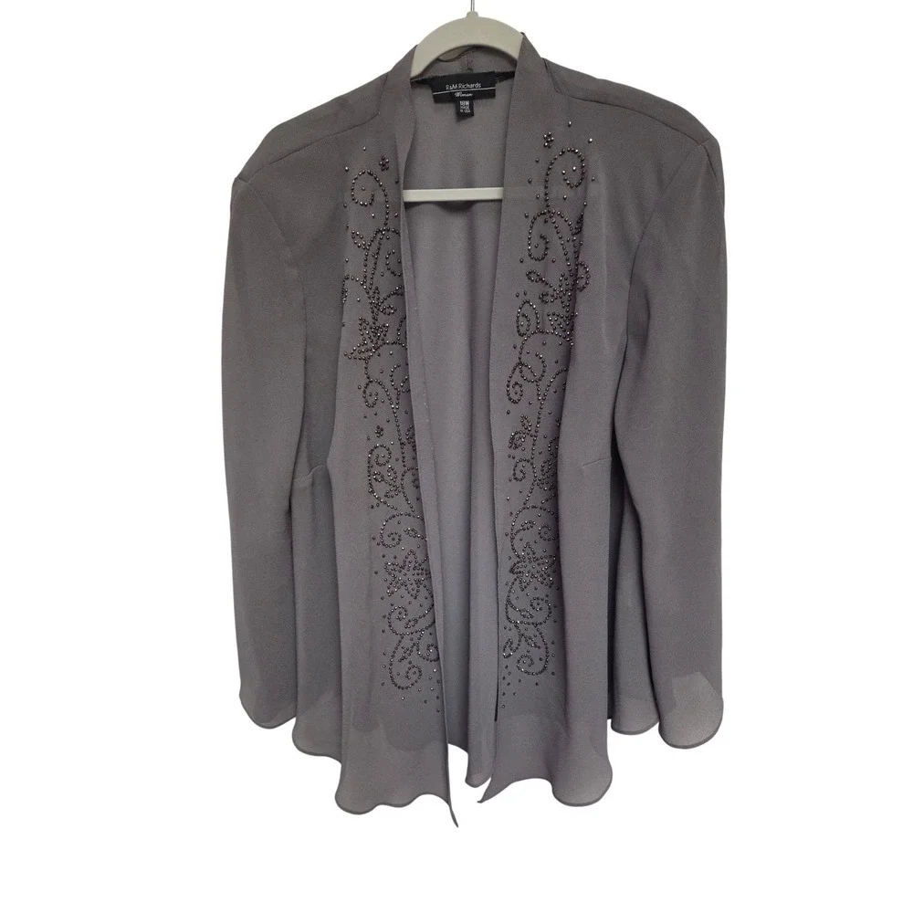 R&M Richards Woman Beaded Sheer Open Front Gray Cardigan Jacket 18W